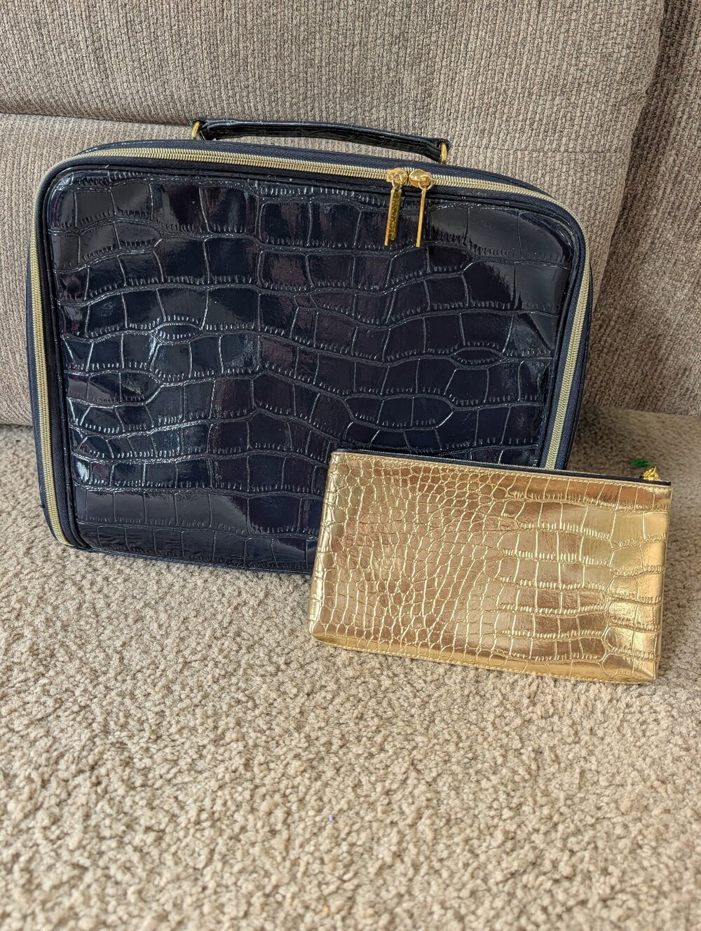 Estee Lauder Navy Blue Croc-Embossed Travel Case with Gold Pouch